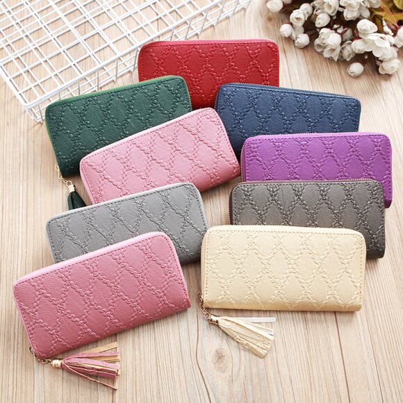 2/$30 Pink Embossed Long Leather Wallet Tassel Compartments Slot Cards Women - Picture 3 of 9